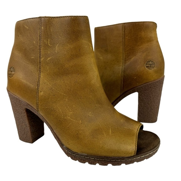 Timberland Women's Size 6 Tillston Peep Toe Leather Boots Ankle Booties Tan - Picture 1 of 16